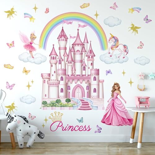 MagiMural Princess Wall Decals Rainbow Castle Wall Stickers for Girls Removable Peel and Stick Wall Decor Kids Supplies Ages 1-12 Year