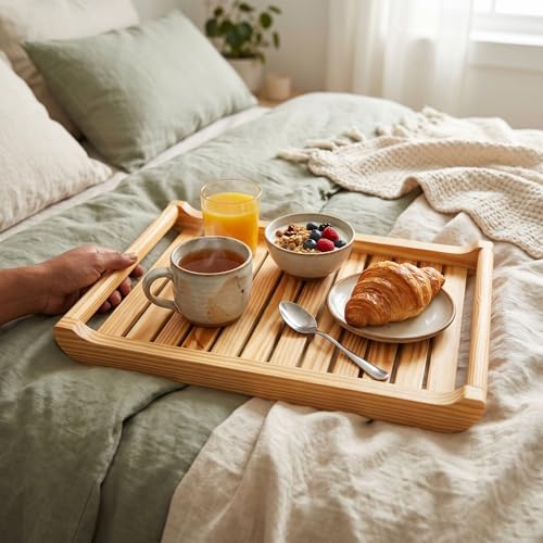 Image of Natural Pine Wood Serving Tray with Handles 12 x 18 x 2.25 Inches Natural Wax Polished Wooden Tray Strong, Easy to Clean Large Serving Tray (1, Large)
