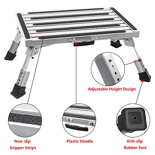 HELESIN RV Step, Adjustable Height Aluminum Platform Step，RV Step Stool Supports Up to 1000lbs Includes Handle, Non-Slip Rubber Feet, Durable Construction, Easy to Store and Transport