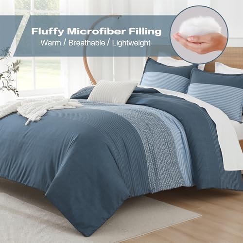 Litanika Haze Blue Comforter Set King - 3 Pieces Lightweight Haze Blue White Colorblock Stripe Fluffy Bedding Comforter Sets, All Season Bed Set