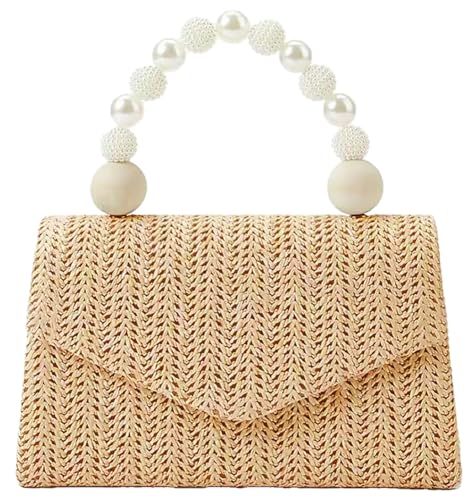 Straw Evening Handbag for Women Exquisite Pearl Beaded Top-Handle Purse Small Satchel Purse Woven Clutch Bag 2025
