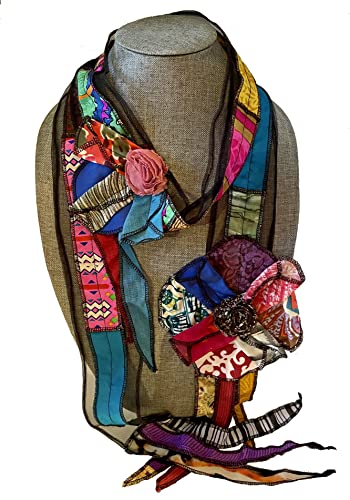 Women’s Handmade Oblong Scarf made from Tulle and Recycled Assorted Colorful Fabrics with Flower Accent