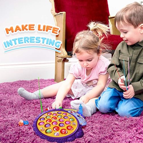 Image of Kidology Fishing Game Play Set for Kids - Rotating Musical Board, Fun Interactive Catching Toy for Toddlers | Circular Plastic Fishing Toy- 21 Colorful Fish, 4 Magnetic Rods (Yellow)