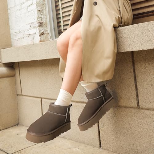 DREAM PAIRS DREAM PAIRS Women's Platform Winter Snow Boots Genuine Suede, Water Resistant Mini Ankle Boots Stable Lightweight Booties Anti-Slip with Memory Foam Outdoor Fuzzy,Size 7,Taupe,DWUMSB2501