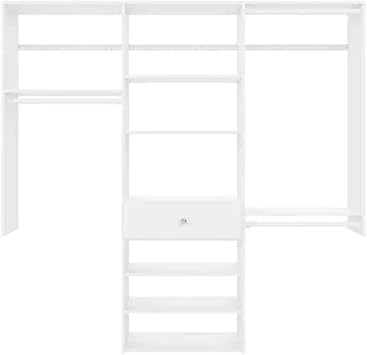 Easy Track PH58-WH 6Ft Perfect Fit Reach In Closet Storage Wall Mounted Wardrobe Organizer Kit System with Shelves and Drawer in White for Bedroom w/ Hardware
