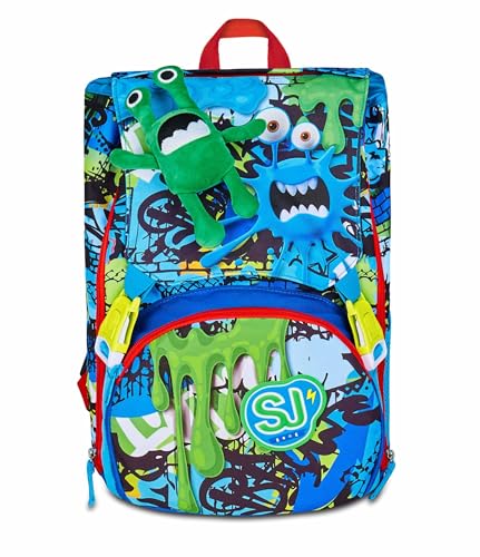 SJ GANG STYLE JAM GANG Zaino Scuola Estensibile Big, Blu, Zaino con Divisorio Interno, Tasca per Borraccia, Peluche Alieno Abbinato, 24 L, Zaino Scuola Elementare, Zaino Bambino