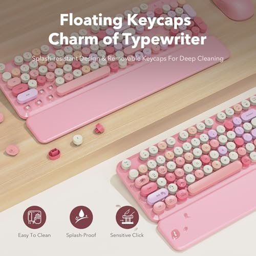 Image of Wireless Keyboard and Mouse Combo, Cute Retro Typewriter Keyboard with Round Keycaps, Full-Size Aesthetic Keyboard with Magnetic Wrist Rest, 2.4GHz USB for Windows /Mac Desktop Laptop(Pink Multi-Color)