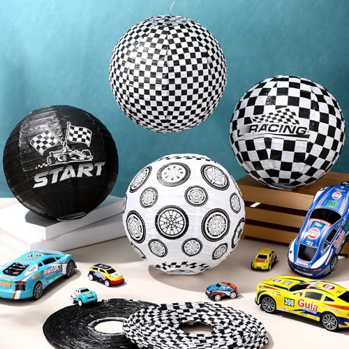 Image of VIHOSE 12 Pieces Black and White Checkered Paper Lanterns Race Car Party Decorations 8 Inch Checkered Flag Hanging Round Paper Lanterns for Checkered Flag Party Birthday Indoor Outdoor Supplies