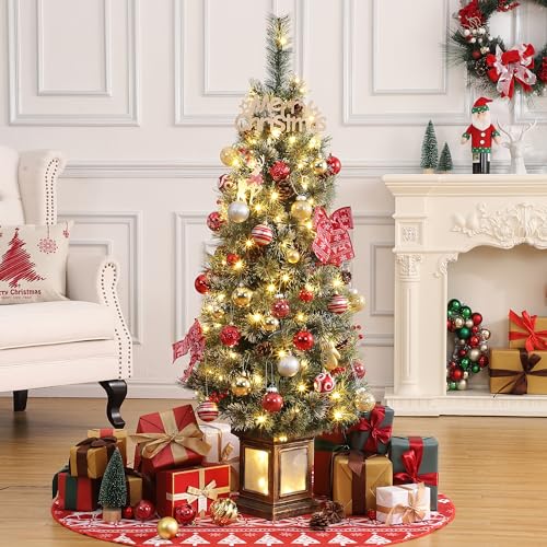 GAOMON 4.5ft Christmas Tree Pre-Lit Artificial Christmas Tree with Lighting Potted Base, Holiday Xmas Tree with 100 Warm White LED Lights Red Berries, Festival Decoration for Home, Entrances