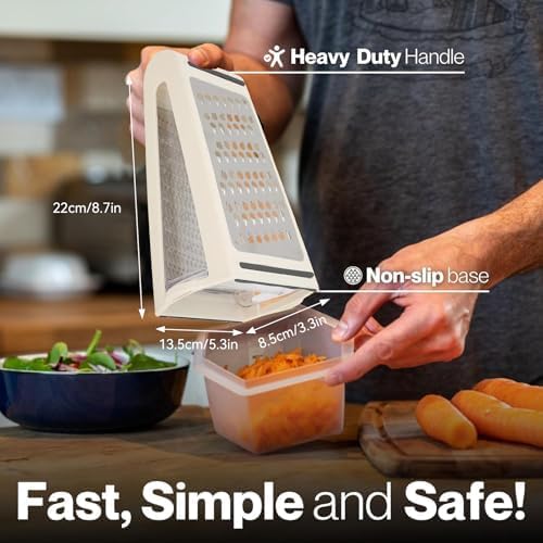 Image of Professional Cheese Grater - Stainless Steel, XL Size, 4 Sides - Perfect Box Grater for Parmesan Cheese, Vegetables, Ginger - Dishwasher Safe (White)