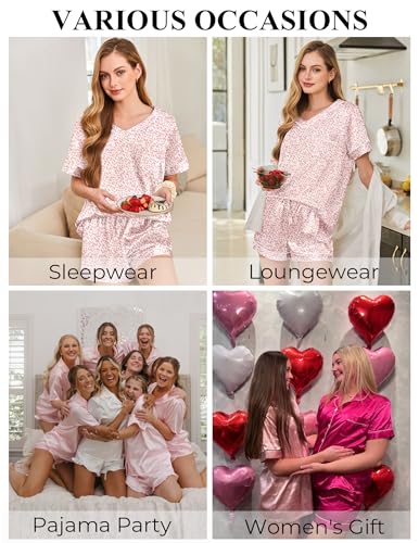 Image of Silk Pajamas for Women Short Sleeve Satin 2 Piece Pj Set Soft V Neck Sleepwear Loungewear, S-XXL
