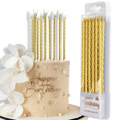 La Mejor Lista de Pastel elegante del mes. 44 Set de 12 Velas Metálicas Dorado para Cumpleaños, Velas Largas Tipo Slim de 13.5cm con Soporte para Pastel, Decoración Elegante para Fiestas, Aniversarios y Eventos Especiales -...