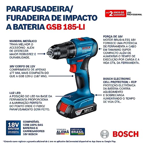 Bosch Furadeira Parafusadeira 18V GSR185LI-2B Sem Fio, 2 baterias e maleta