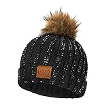 Be Sparkle Women’s Cotton Beanie Hat, Shiny Rhinestones and Removable Pom Pom in Black