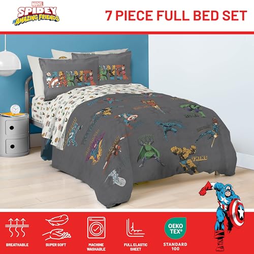 Image of Marvel Comics Avengers Full Size Comforter Set 7 Piece Bedding, Gray | Hulk Captain America, Comforter Sheets Shams Pillowcases, Official Product, Microfiber, Machine Washable, Boys Gift