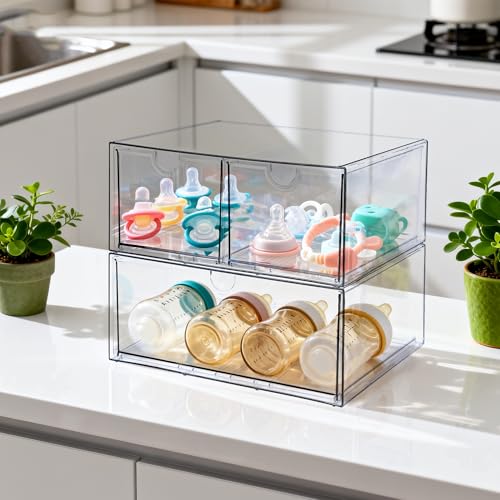 Image of Prsildan Acrylic Drawer Makeup Organizer with 3 Drawers, Clear Stackable Storage for Baby Bottles, Craft, Jewelry & Hair Accessories, Multi-Use for Vanity, Countertop, Office Desk Organization