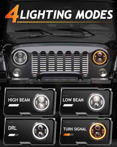 Image of LX-LIGHT DOT EMC 7 Inch LED Halo Headlights with White DRL Amber Turn Signal Compatible with 2007-2017 Jeep Wrangler JK JKU TJ LJ
