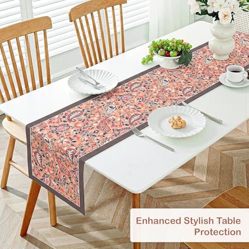 Image of Heart Home Velvet 13x72 Inch Table Runner for Home Decor | 6 Seater Dining Table Place Mat Elegant Soft Feel /Machine Washable | Pyramid 1237 - Peach & Green