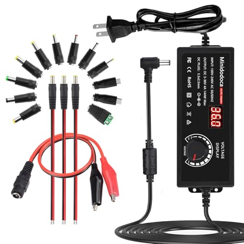144W Power Supply Adjustable DC 3V ~ 36V Variable Universal Switching AC/DC Adapter Minidodoca AC to DC Converter with LED Voltage Display and 16 Tips, for 3V to 36V Household Electronics - 4000mA Max