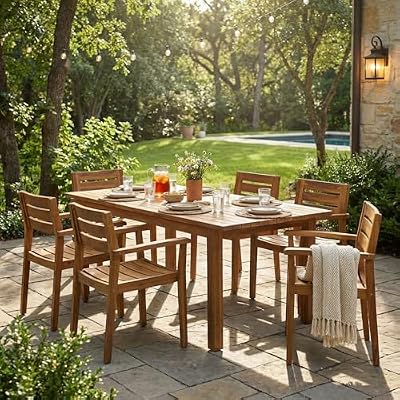 CJLMN 7-Piece Acacia Wood Outdoor Dining Set with 6 Chairs and Expandable Table, Teak Finish - Weather-Resistant Patio Furniture for Backyard, Garden, and Deck