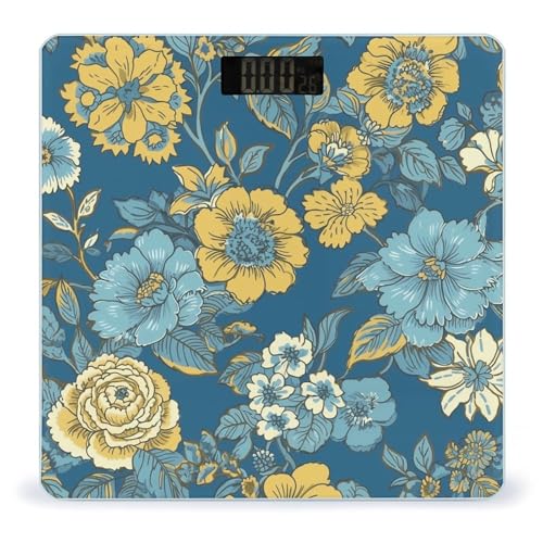 Báscula digital de baño con flores azules y amarillas miniatura 1