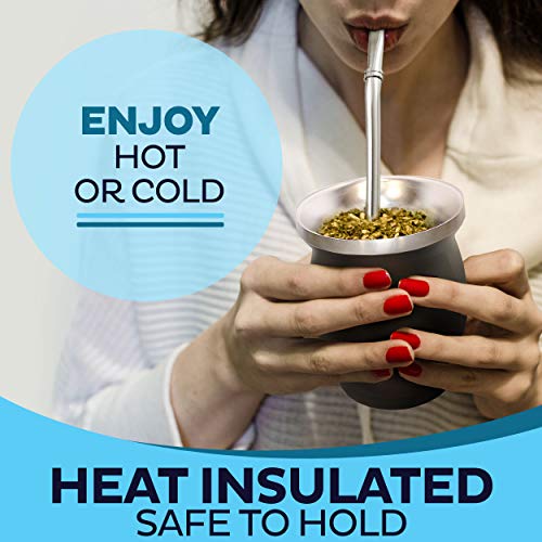 Upgraded Yerba Mate Natural Gourd/Tea Cup Set (Original Traditional Mate Cup - 8 Ounces) | Includes 2 Bombillas (Yerba Mate Straws To Use) & Cleaning Brush | Stainless Steel | Double-Walled #TOP3