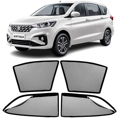 Image of AutoStory Magnetic Car Sunshade for Ertiga 2025 Onwards | Front Half Cut for Mirror Visibility + Rear Full Coverage with Zipper | Heavy Heat & UV Protection | Privacy Side Window Curtains Shades