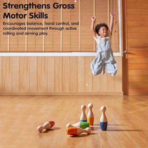 Image of PlanToys Bowling Set Wooden Montessori Gross Motor and Coordination Toy | Movement, Concentration and Early Math Learning Activity | Eco Friendly Indoor and Outdoor Bowling Game