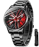 Mens Wrist Watch Creative 3D Spinning Car Wheel Rotating Watches Rim Hub Design Fashion Quartz Stylish Wristwatch with Stainless Steel Strap Gifts for Car Enthusiasts (X Black Red)