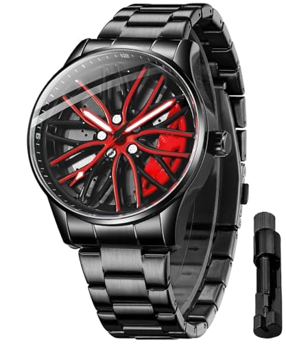 Mens Wrist Watch Creative 3D Spinning Car Wheel Rotating Watches Rim Hub Design Fashion Quartz Stylish Wristwatch with Stainless Steel Strap Gifts for Car Enthusiasts (X Black Red)