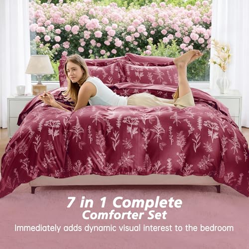 Image of MUXHOMO Burgundy Full Comforter Set, Elegant Floral Print Bed in a Bag 7 Pieces, Ultra Soft & Breathable Reversible Botanical Pattern Bedding Set with Comforter, Sheets, Pillowcases, and Shams