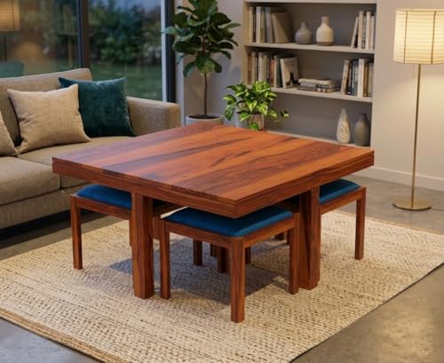 Image of Soild Sheesham Wood Coffee Table with 4 Stool || Coffee Table For Living Room || Wooden Center Coffee Table || Tea Table, Home Office Outdoor Garden Furniture ( Coffee Table 4 seater ) Honey Finish