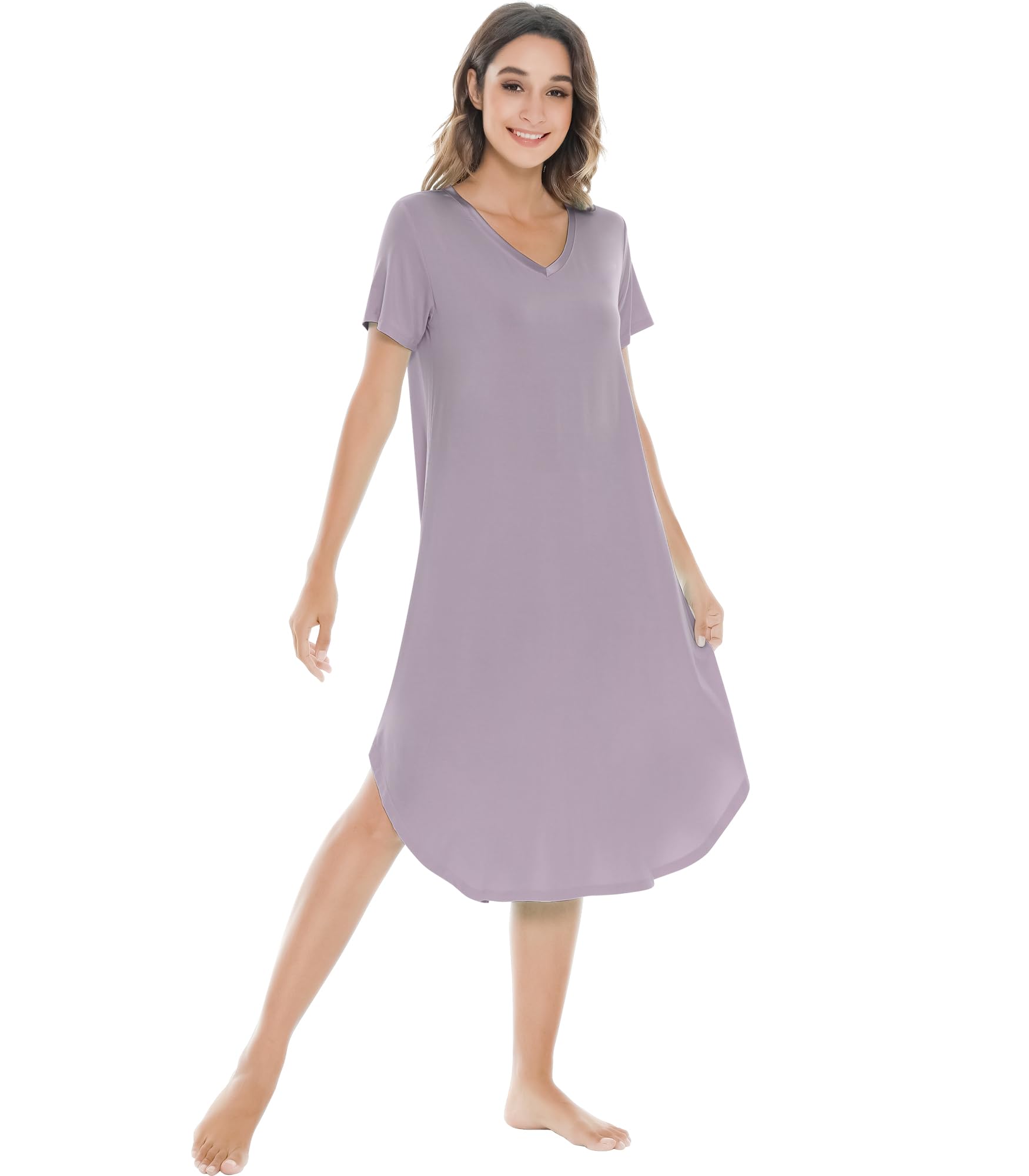 NACHILA Bamboo Viscose Nightgowns for Women Cooling Short Sleeve Sleepshirt | Soft V Neck Night Gowns, Moisture-Wicking Sleepwear for Hot Flashes &amp; Night Sweats, Ladies Nightshirts for Sleep, Home, Gift