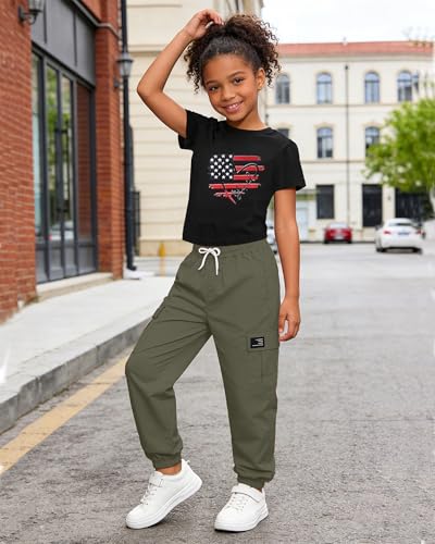 Image of Betusline Girls Fall Winter Clothing Sets, Long Sleeve Crop Top & Cargo Jogger Pants 2 Piece Outfit Sets,4T-14Y