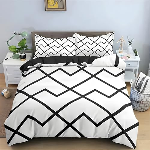 布団カバー クイーン 210X210 cm 白黒幾何学模様 掛け布団カバー ライン 被套 3点セット枕套43X63 cm 寝具セット 柔らかい 通気性 肌に優しい 洗い替え速乾タイプ オールシーズン 寝心地いい