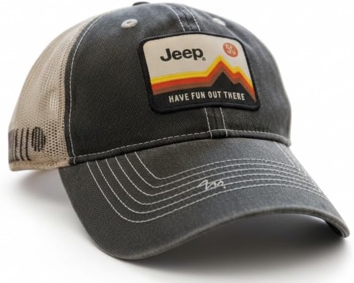Jeep Have Fun Out There Patch Garment Washed Trucker Hat Unstructured for Men & Women - Adjustable Snapback Baseball Cap