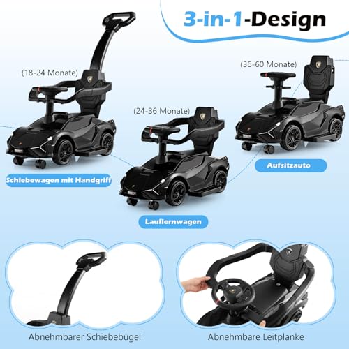 DREAMADE 3-in-1 Rutschauto Lamborghini, Rutschfahrzeug mit Schiebestange, Musik, Lichter & Sicherheitsbügel, Schiebauto für Kinder 18-60 Monate, belastbar bis 25kg (Schwarz) – Bild 3