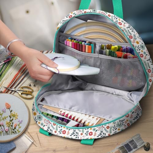 Image of FINPAC Embroidery Project Bag, Embroidery Supplies Storage Carrying Tote Case with Multiple Pockets for Floss, Hoops, Thread, Stitch Tools Kit [Bag Only], Spring Bloom