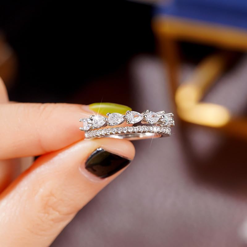 RKKOJJO 925 Sterling Silver Shiny Full Diamond Gemstone Ring Cubic Zirconia Promise Cocktail Rings CZ Diamond Multi Row Ring Eternity Engagement Wedding Band Ring for Women Size 6