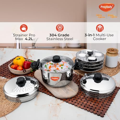 Image of Praylady Strainer Pro Max 4.2L | 304 Grade Stainless Steel | Triply Bottom | Multi-Purpose Pot - Idli Cooker, Pasta Pot, Rice Cooker | 16 Idli Capacity | Induction & Gas Compatible.