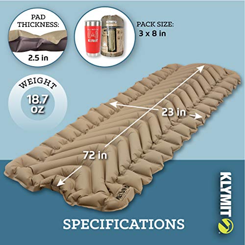 Image of Klymit Static V Inflatable Sleeping Pad for Camping, Lightweight Hiking and Backpacking Air Bed, 3 Inch Thick, Coyote Sand