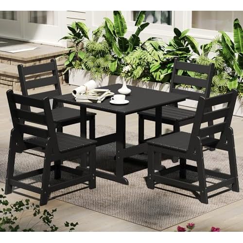 GREENVINES 5-Piece-Outdoor-Dining-Set | HDPE | Square | Patio Furniture | All Weather | Armless Chair | Slatted Table and Chairs Sets for 4 | for Back