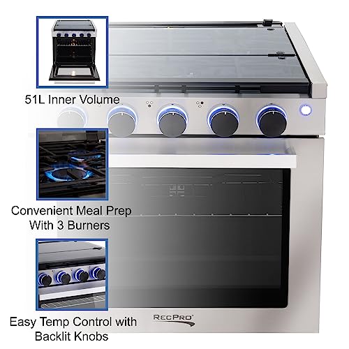 Image of RecPro RV Stove | Gas Range 21 inch Tall | 3 Burner | 1.8 Cu. Ft | 7100 BTU | Optional Vented Range Hood | Black or Silver Color Options (Silver, with Vented Range Hood)
