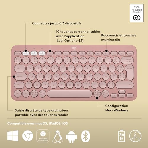 Logitech Pebble Keys 2 K380s clavier sans fil Bluetooth multidispositif, raccourcis personnalisables, fin et portable, Easy-Switch pour Windows, macOS, iPadOS, Android, ChromeOS, FR AZERTY, Rose