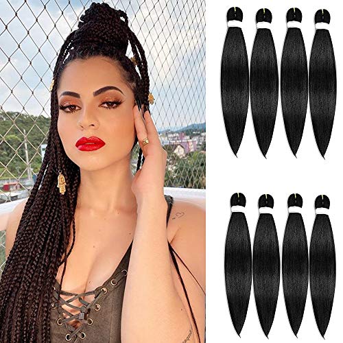 Pre-stretched Braiding Hair 24'' 8 Packs Easy Braiding Hair Yaki Texture for Black Women, Hot Water Setting Professional Synthetic Fiber Soft Crochet Hair (1#)