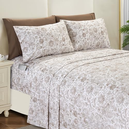Image of Elegant Comfort Softest and Coziest 6-Piece Sheet Set - 1500 Premium Hotel Quality Microfiber - Deep Pocket, Wrinkle Resistant 6-Piece Paisley Pattern Bed Sheet Set, Full, Paisley Taupe