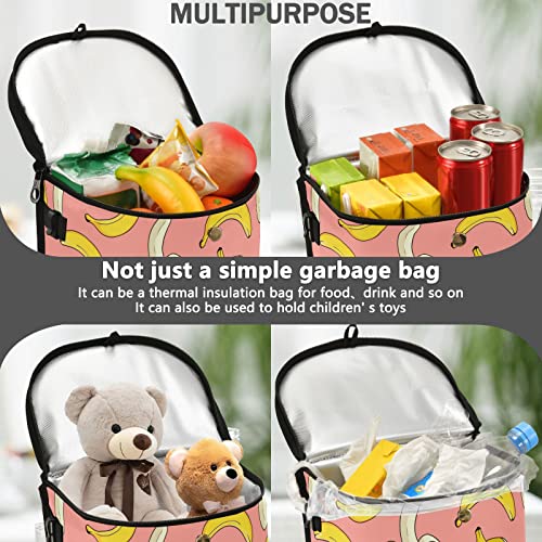 Image of Banana Car Trash Can Cute Fruit Pink Car Garbage Bag with Lid Hanging Waterproof Leak Proof Vehicle Storage Bin