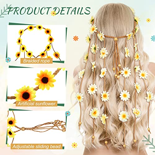 4 Pcs Flower Hippie Headband Floral Crown Summer Sunflower Headband Girls Adjust Flower Headpiece Hippie Headdresses for Women Costume Headwear Hair Accessories for Wedding Party - Thumbnail 7