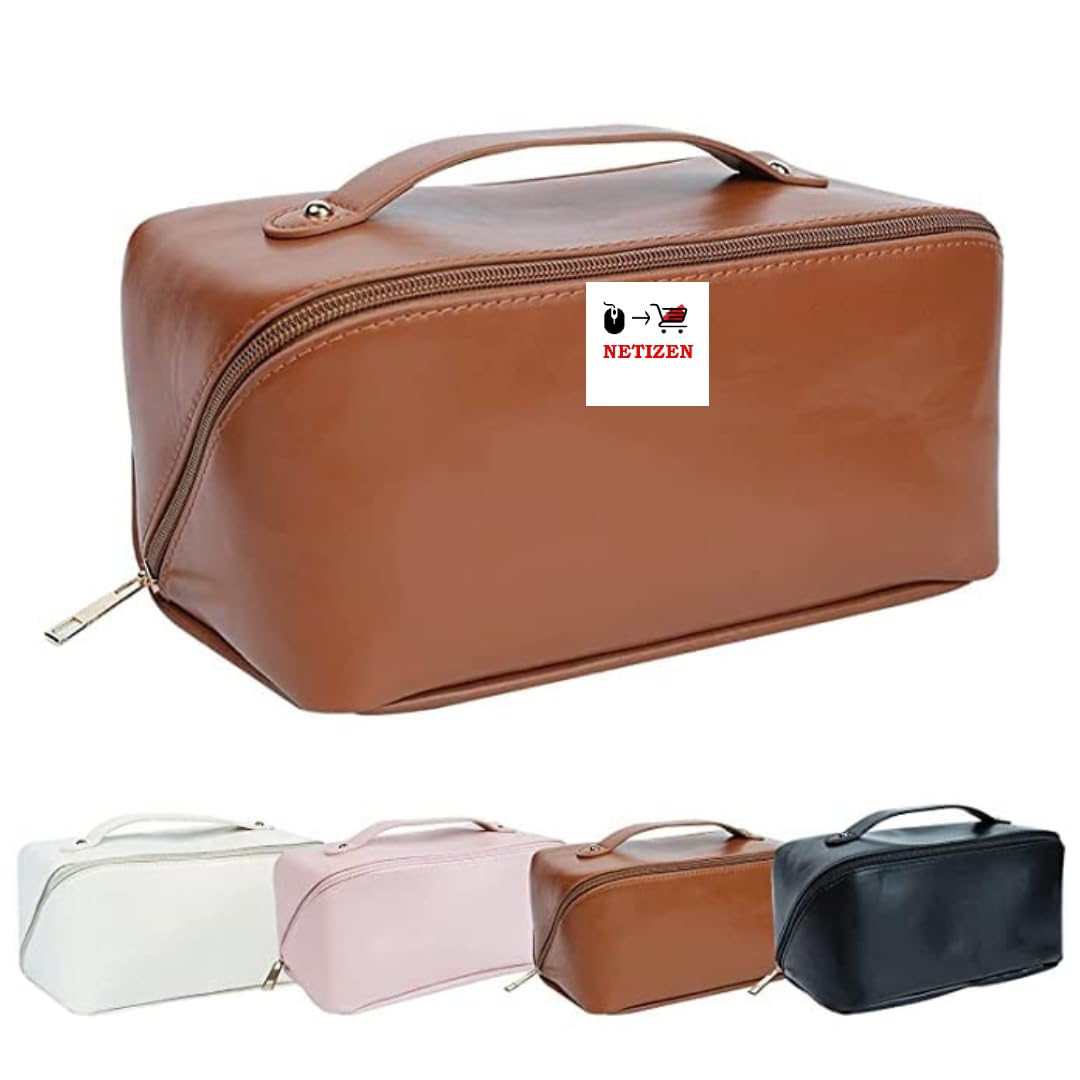 Netizen Travel Makeup Bag, Cosmetic Travel Bag, Double Layer Cosmetic Bag, Compartment Cosmetic Pouch, Leather Makeup Bag for Girls and Women, Makeup Organizer Bag (Brown)-image-40