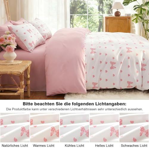 Freyamy Schleife Bettwäsche 135x200 Rosa Weiß Schleifen Herz Bettwäsche Set – Ansicht 3